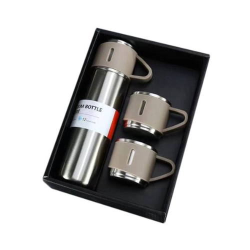 A set of one and two mugs made of stainless steel with a silicone handle
