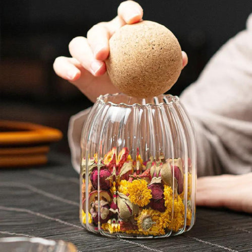 Clear Stripe Glass Jar with Round Ball Cork for Kitchen Pantry