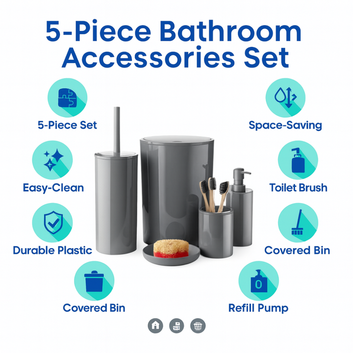 مجموعة إكسسوارات الحمام البلاستيكية فلوريس، 5 قطع