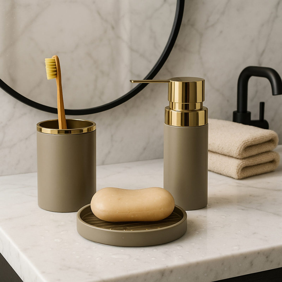 3 Piece Gold Ring Bathroom Set with Metal Soap Dispenser