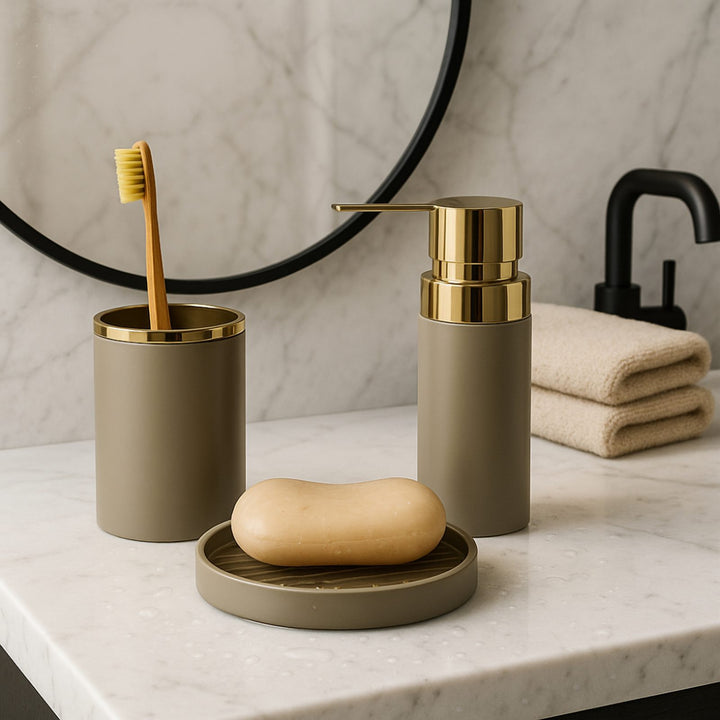 3 Piece Gold Ring Bathroom Set with Metal Soap Dispenser