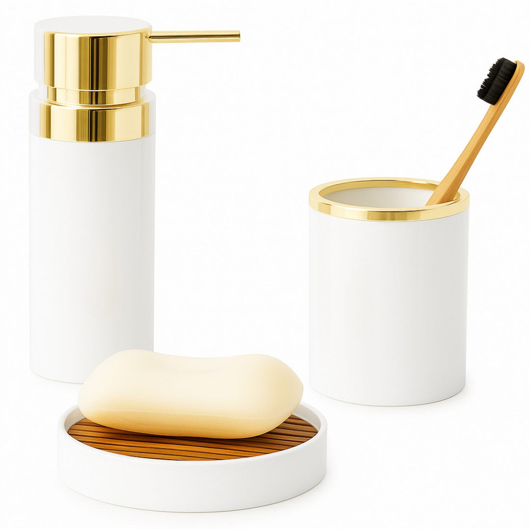 3 Piece Gold Ring Bathroom Set with Metal Soap Dispenser