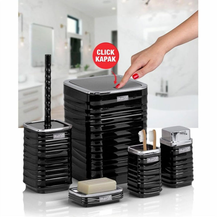 5 Piece Bathroom Set with Chrome Lid Bin and Soap Dispenser