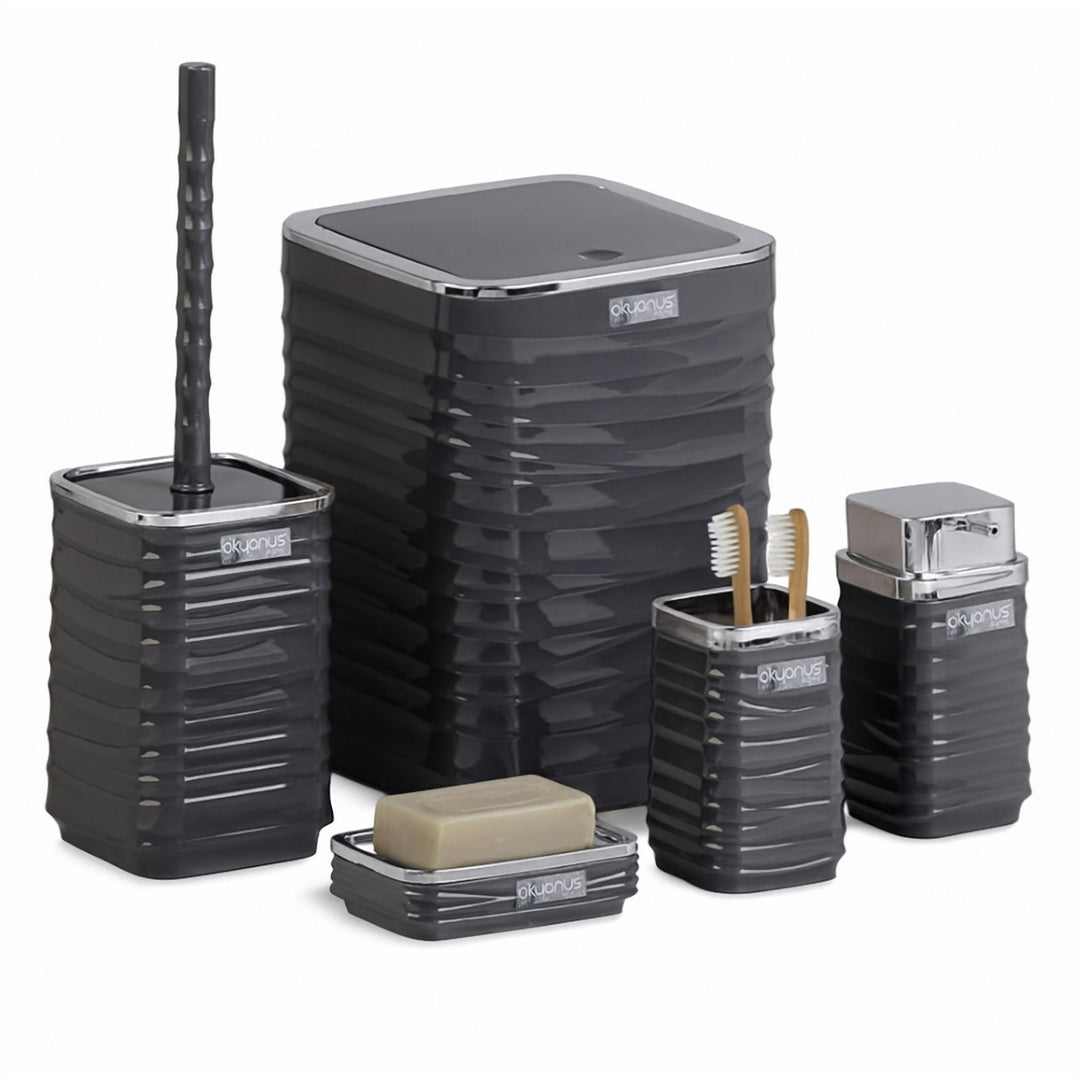 5 Piece Bathroom Set with Chrome Lid Bin and Soap Dispenser