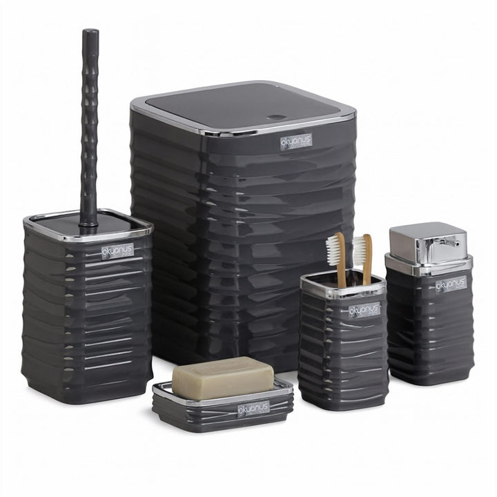 5 Piece Bathroom Set with Chrome Lid Bin and Soap Dispenser