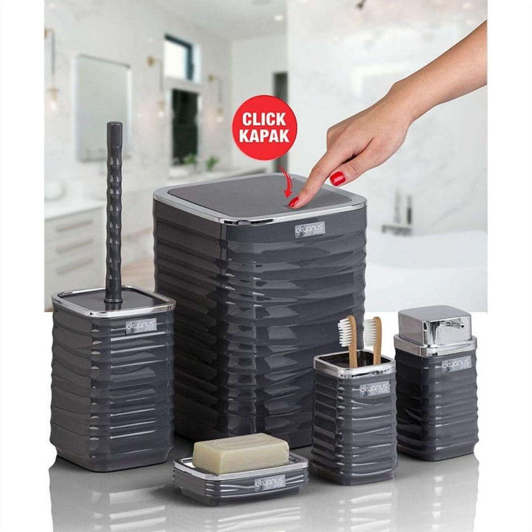 5 Piece Bathroom Set with Chrome Lid Bin and Soap Dispenser