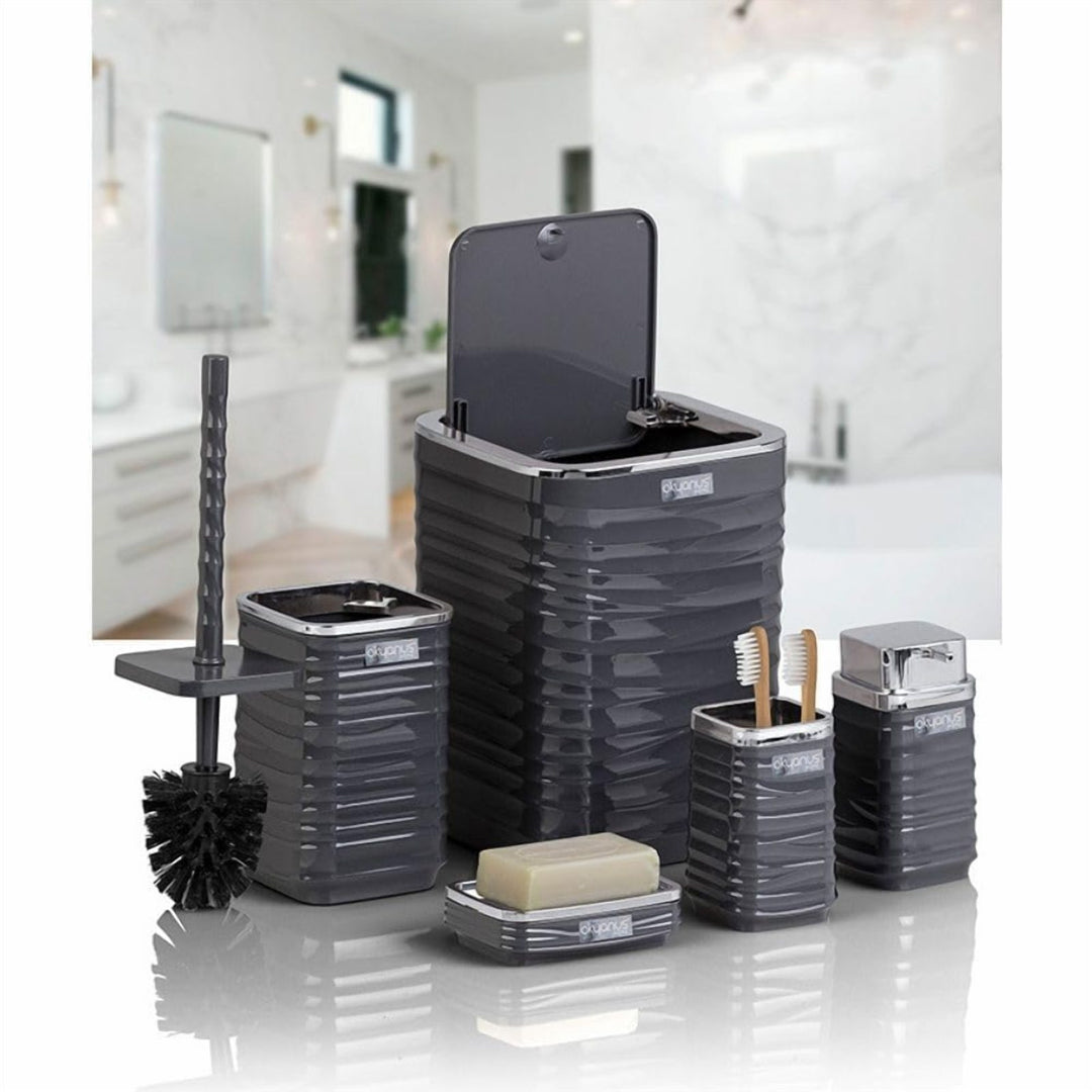 5 Piece Bathroom Set with Chrome Lid Bin and Soap Dispenser