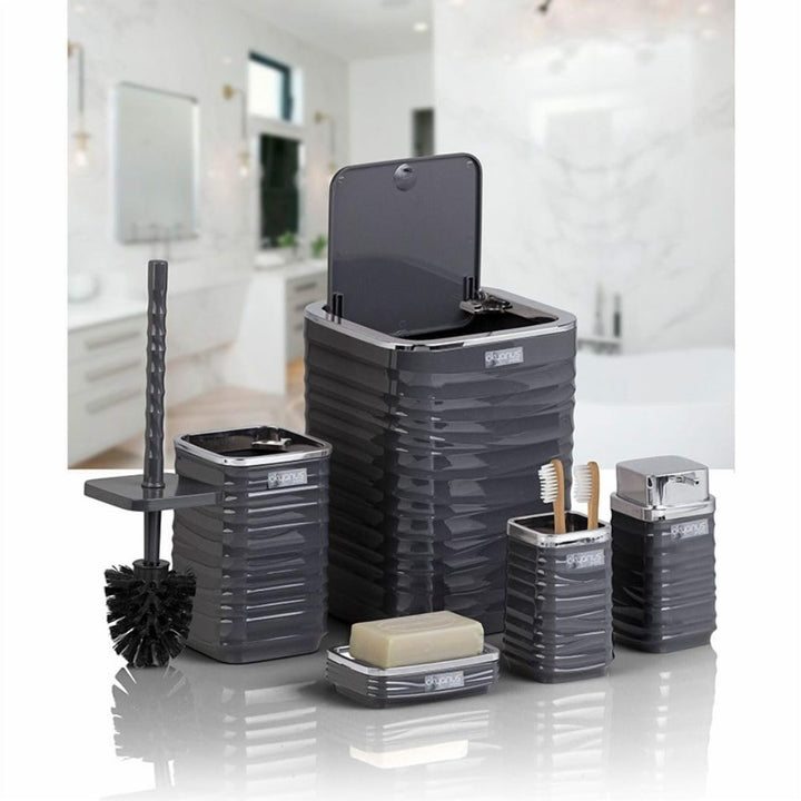 5 Piece Bathroom Set with Chrome Lid Bin and Soap Dispenser