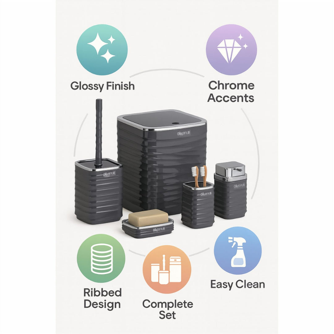 5 Piece Bathroom Set with Chrome Lid Bin and Soap Dispenser