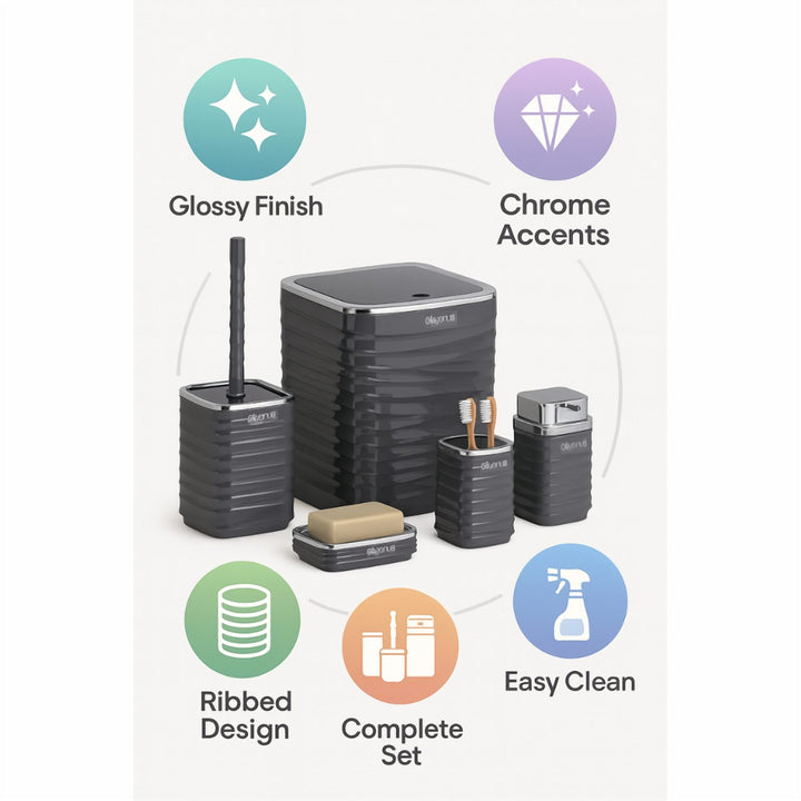 5 Piece Bathroom Set with Chrome Lid Bin and Soap Dispenser