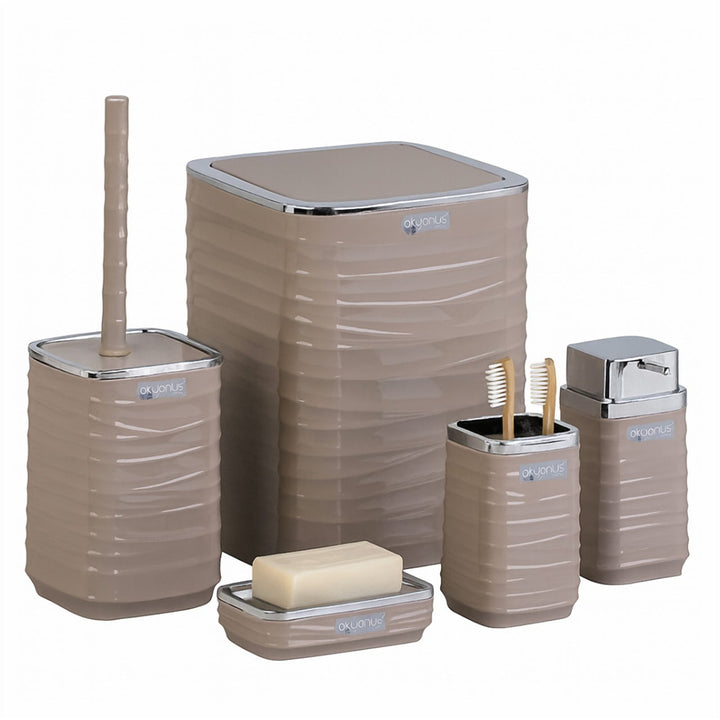 5 Piece Bathroom Set with Chrome Lid Bin and Soap Dispenser