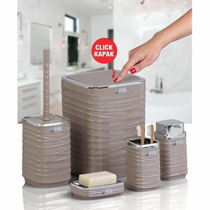 5 Piece Bathroom Set with Chrome Lid Bin and Soap Dispenser