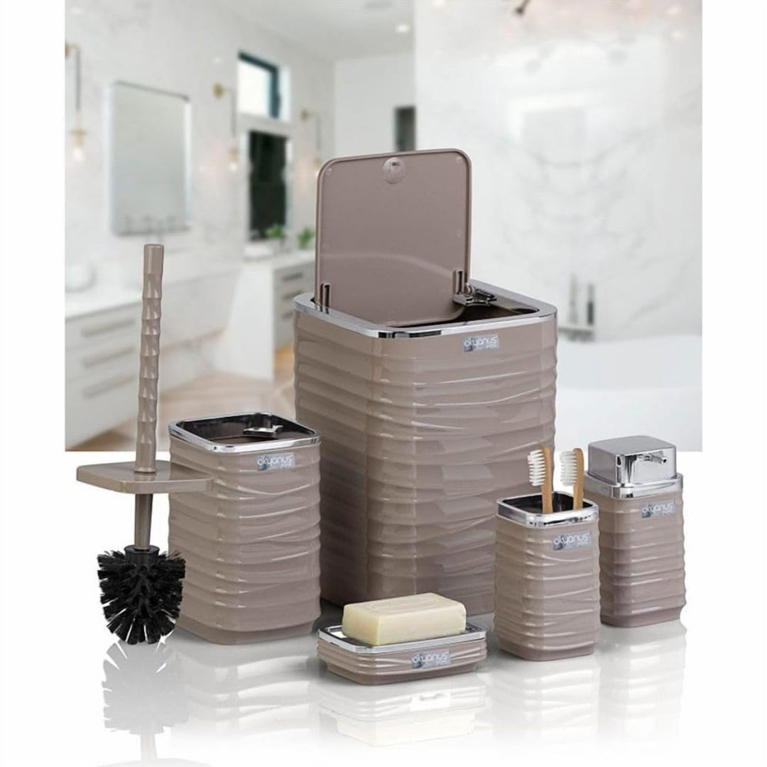 5 Piece Bathroom Set with Chrome Lid Bin and Soap Dispenser