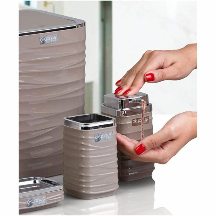 5 Piece Bathroom Set with Chrome Lid Bin and Soap Dispenser
