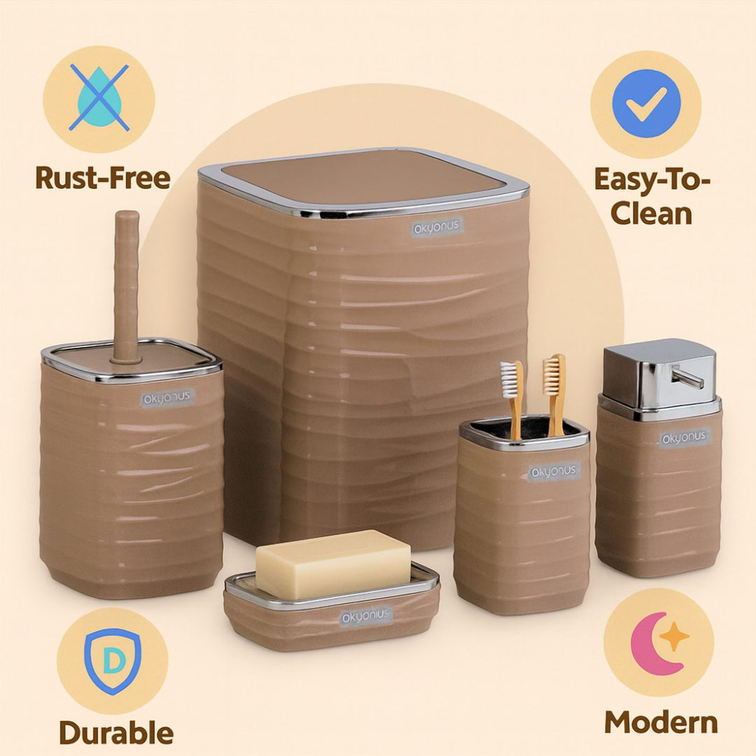 5 Piece Bathroom Set with Chrome Lid Bin and Soap Dispenser