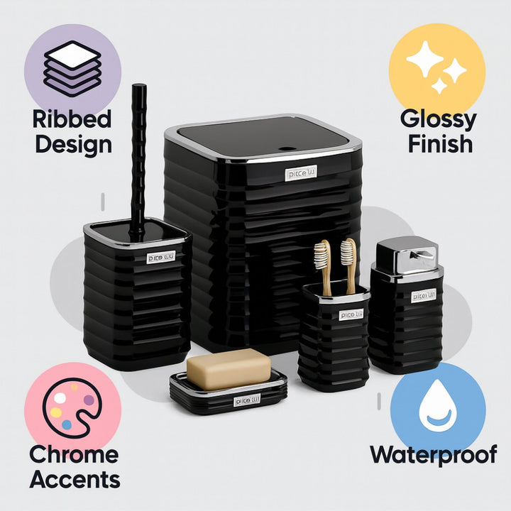 5 Piece Bathroom Set with Chrome Lid Bin and Soap Dispenser