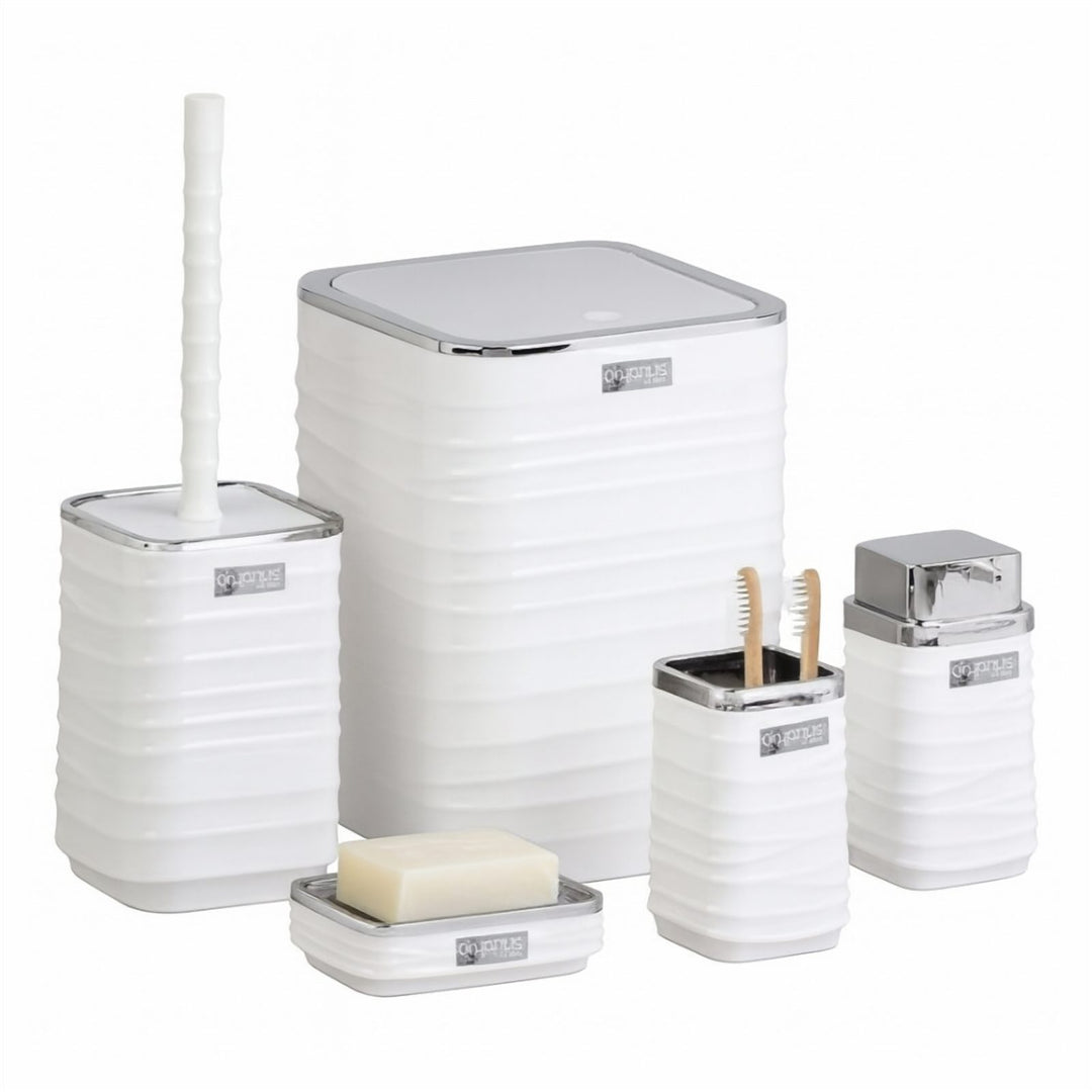 5 Piece Bathroom Set with Chrome Lid Bin and Soap Dispenser