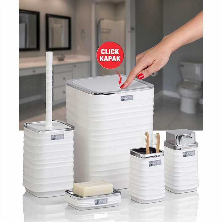 5 Piece Bathroom Set with Chrome Lid Bin and Soap Dispenser