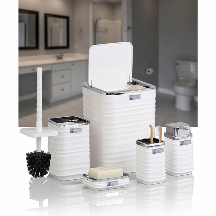 5 Piece Bathroom Set with Chrome Lid Bin and Soap Dispenser