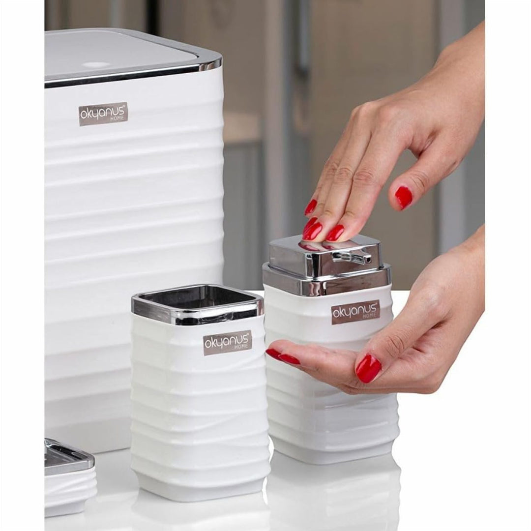 5 Piece Bathroom Set with Chrome Lid Bin and Soap Dispenser