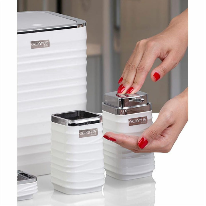 5 Piece Bathroom Set with Chrome Lid Bin and Soap Dispenser