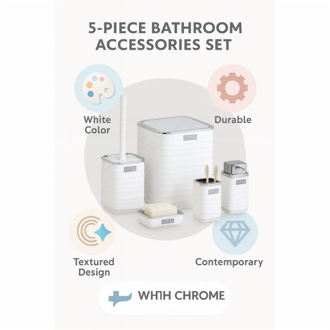 5 Piece Bathroom Set with Chrome Lid Bin and Soap Dispenser