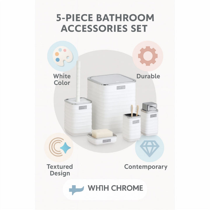 5 Piece Bathroom Set with Chrome Lid Bin and Soap Dispenser