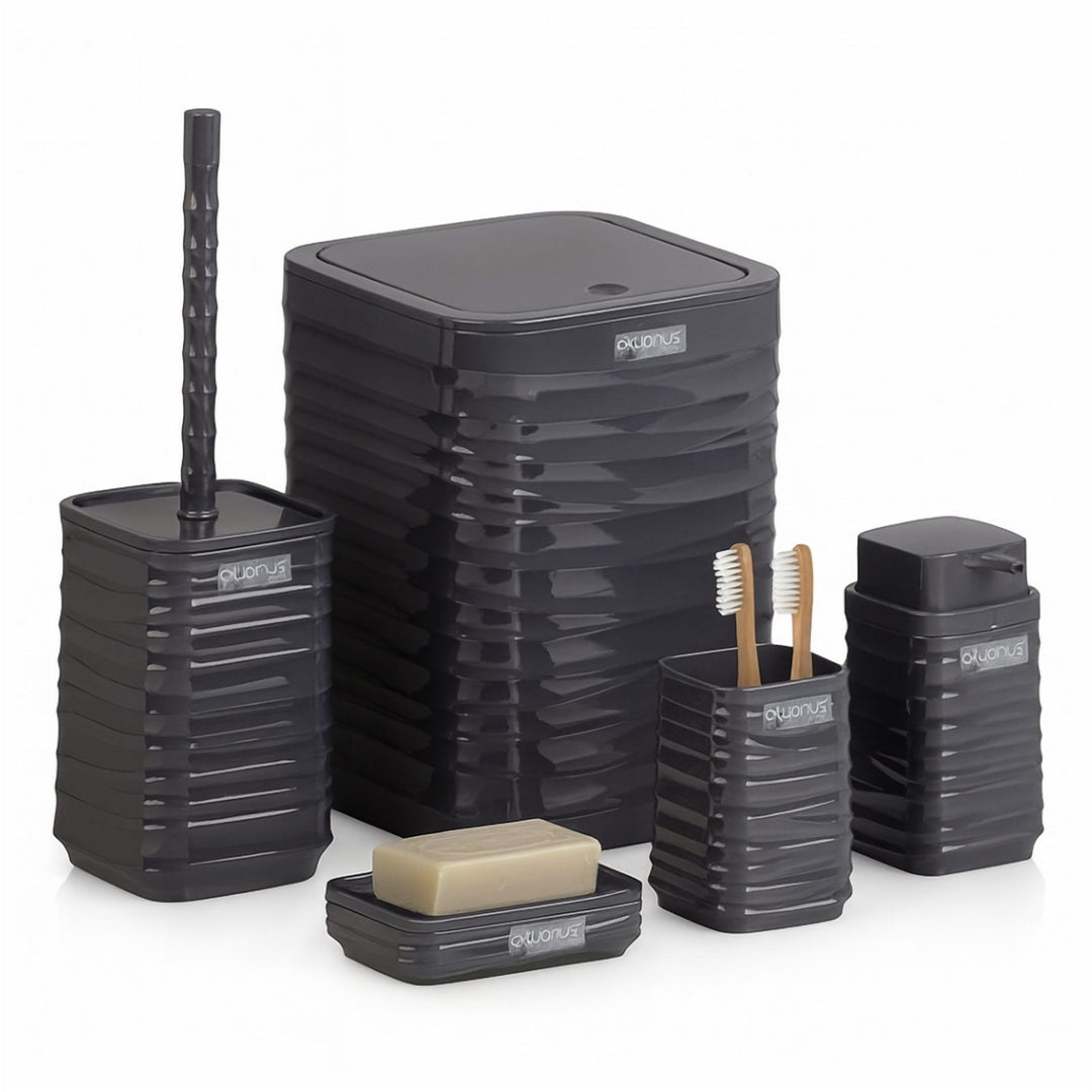 Acrylic 5 Piece Bathroom Set with Bin, Dispenser and Brush Holder