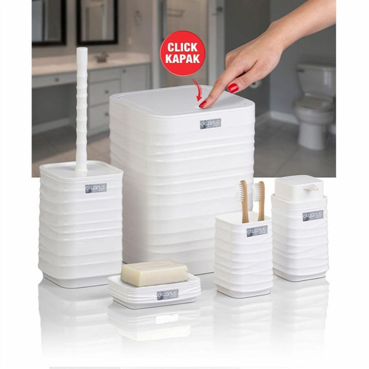 Acrylic 5 Piece Bathroom Set with Bin, Dispenser and Brush Holder