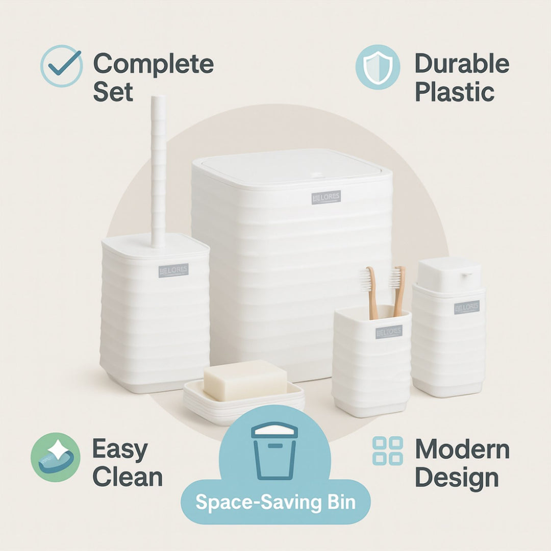 Acrylic 5 Piece Bathroom Set with Bin, Dispenser and Brush Holder