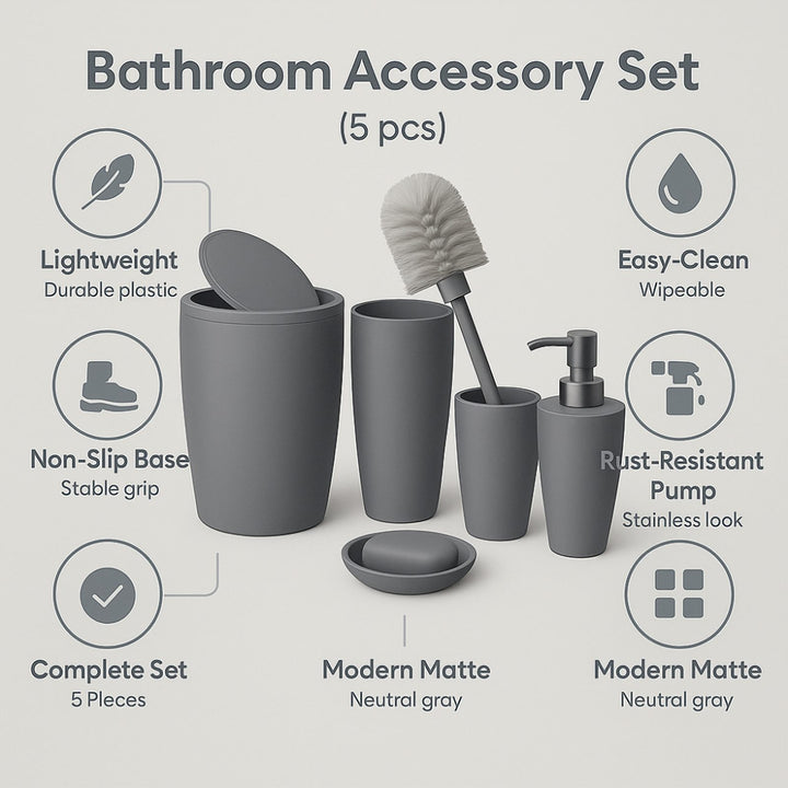 5 Piece Bathroom Set with 19 x 22.5 cm Bin and Soap Dispenser