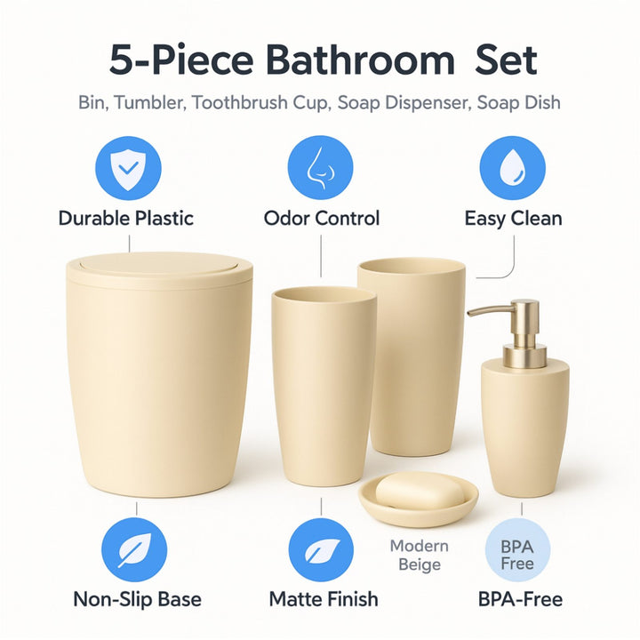 5 Piece Bathroom Set with 19 x 22.5 cm Bin and Soap Dispenser