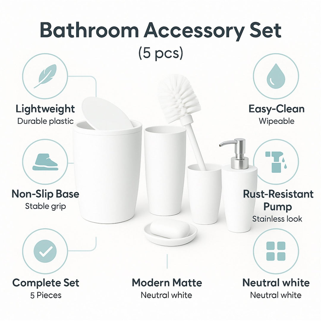 5 Piece Bathroom Set with 19 x 22.5 cm Bin and Soap Dispenser