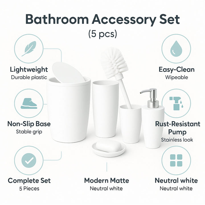 5 Piece Bathroom Set with 19 x 22.5 cm Bin and Soap Dispenser