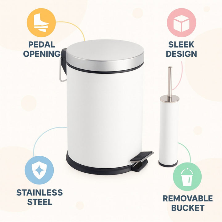 Stainless Steel Bathroom Bin and Toilet Brush Set, Non-Slip Base