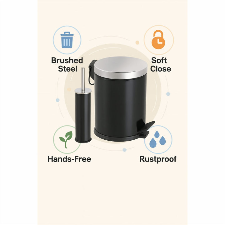 Stainless Steel Bathroom Bin and Toilet Brush Set, Non-Slip Base