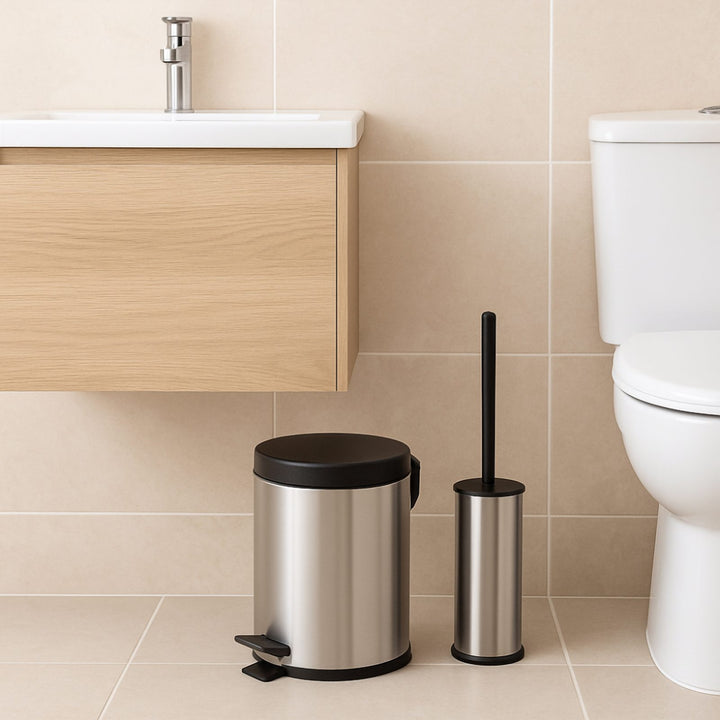Stainless Steel Bathroom Bin and Toilet Brush Set, Non-Slip Base