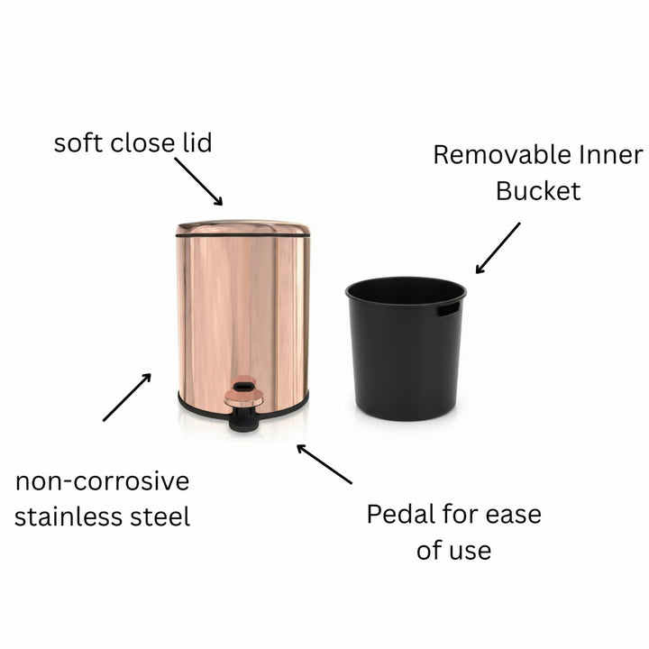 28x20cm, 6 Liter Steel Waste Bin, Soft Close Lid, Removable Inner Basket