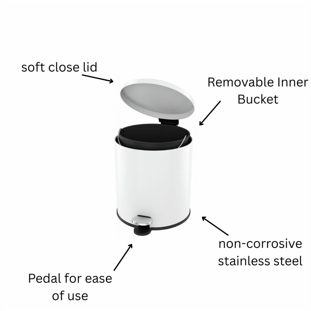 28x20cm, 6 Liter Steel Waste Bin, Soft Close Lid, Removable Inner Basket