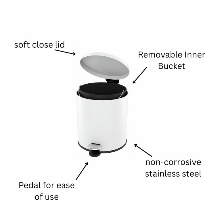 28x20cm, 6 Liter Steel Waste Bin, Soft Close Lid, Removable Inner Basket