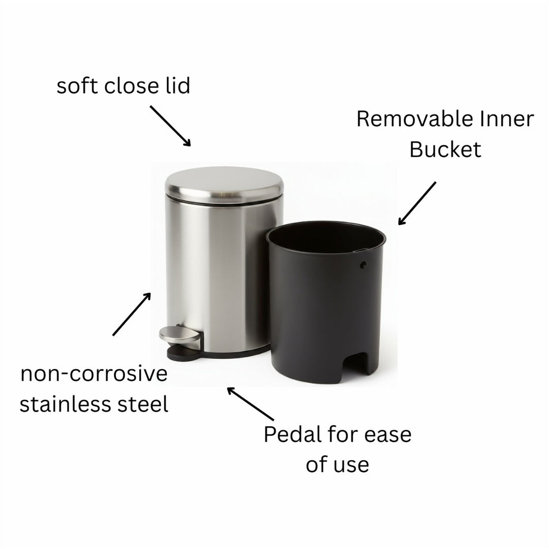 28x20cm, 6 Liter Steel Waste Bin, Soft Close Lid, Removable Inner Basket