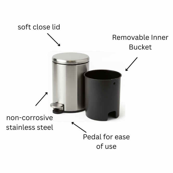 28x20cm, 6 Liter Steel Waste Bin, Soft Close Lid, Removable Inner Basket