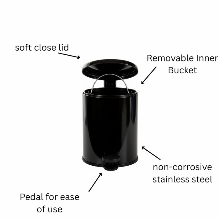 28x20cm, 6 Liter Steel Waste Bin, Soft Close Lid, Removable Inner Basket