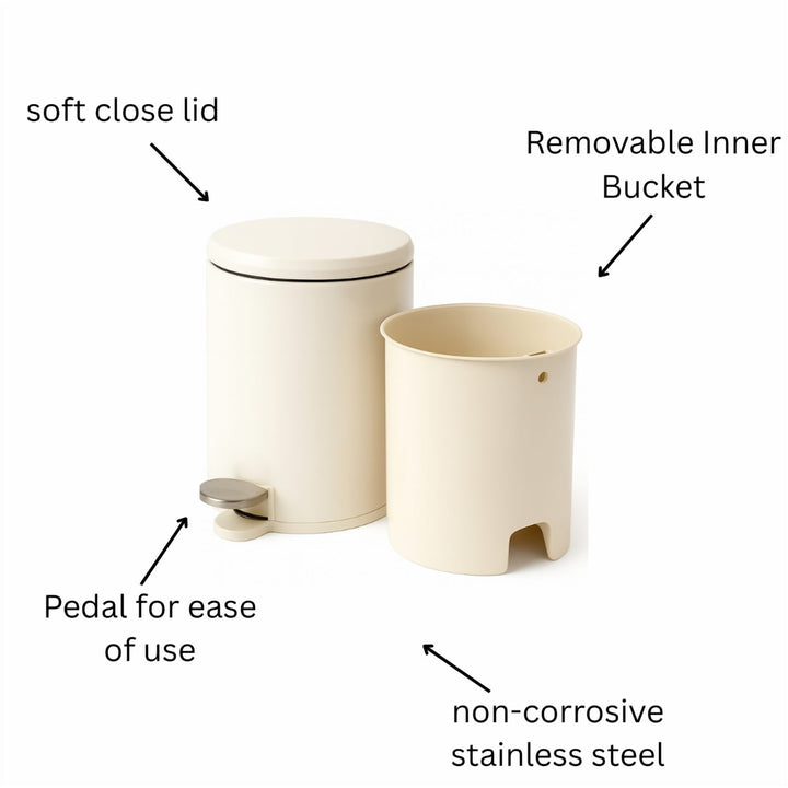 28x20cm, 6 Liter Steel Waste Bin, Soft Close Lid, Removable Inner Basket