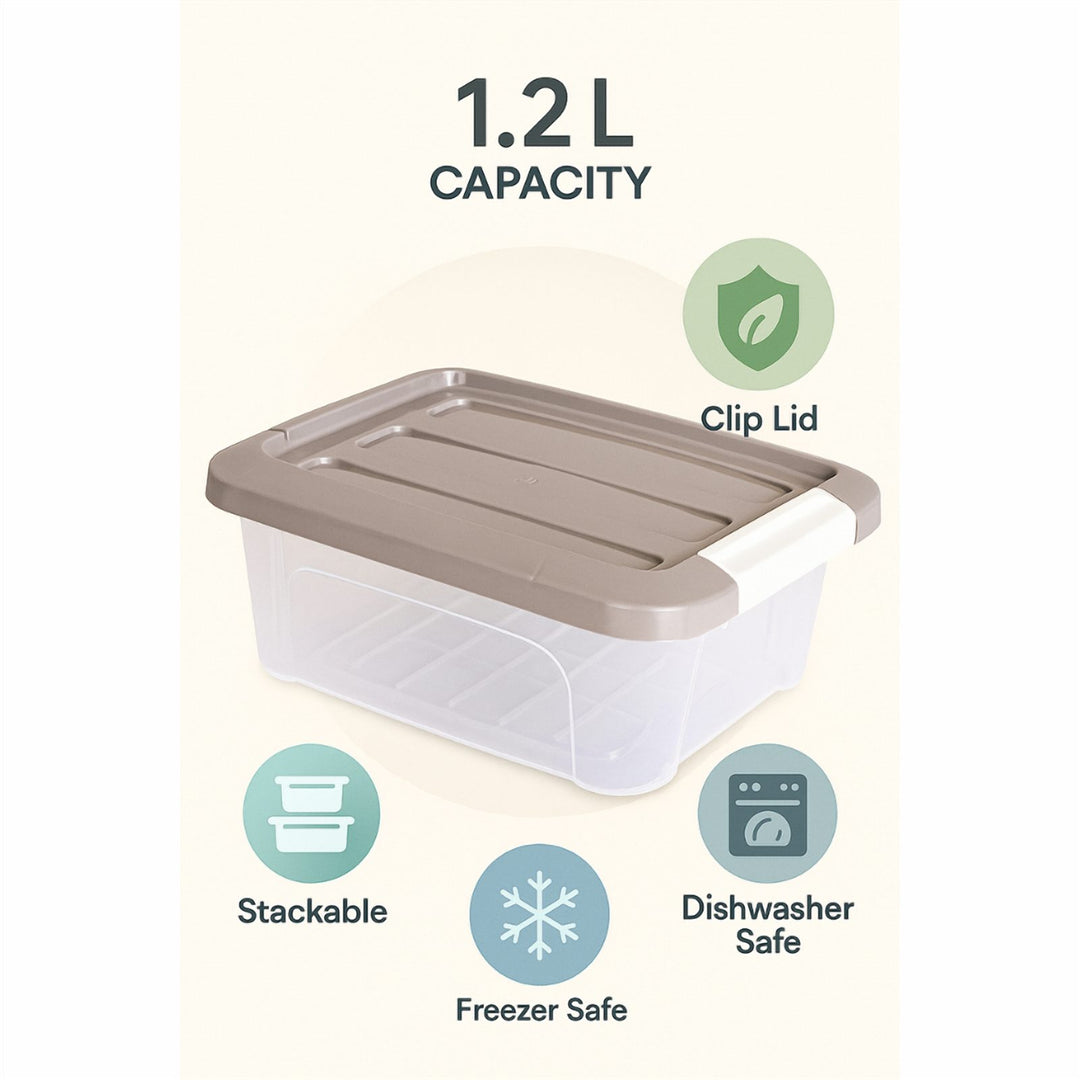 Transparent Storage Box with Beige Clip Lock Lid, 1.2 L and 5.7 L