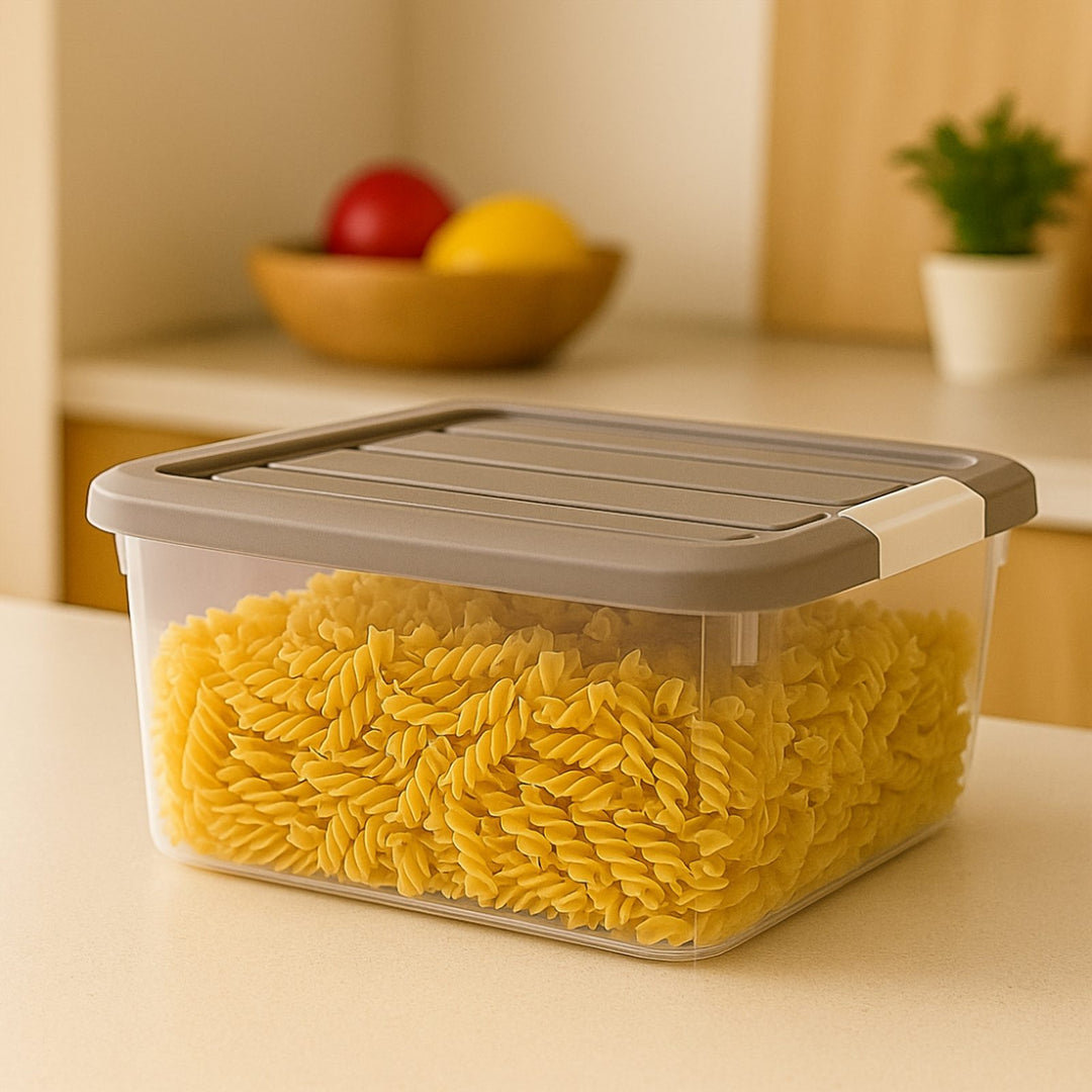 Transparent Storage Box with Beige Clip Lock Lid, 1.2 L and 5.7 L