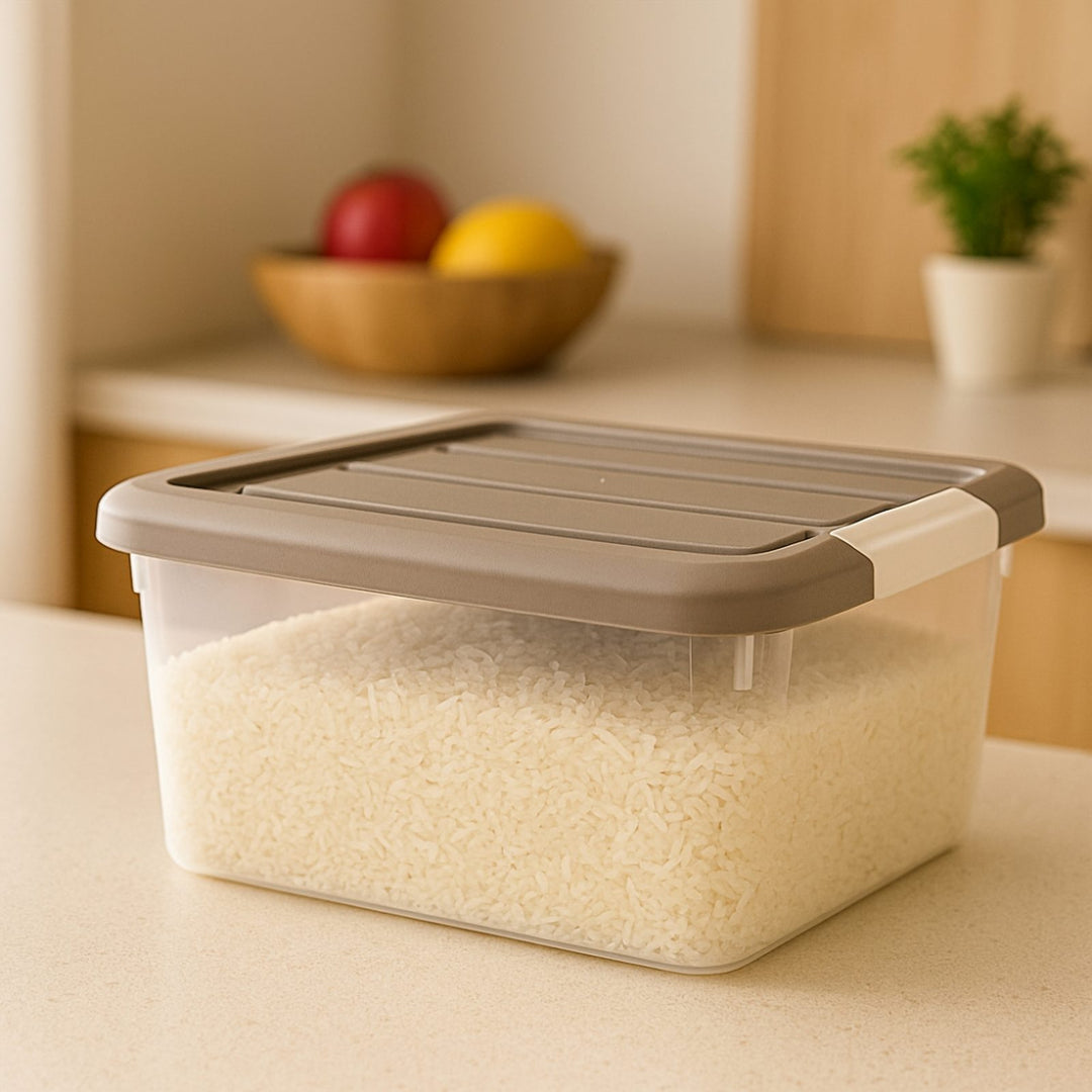Transparent Storage Box with Beige Clip Lock Lid, 1.2 L and 5.7 L