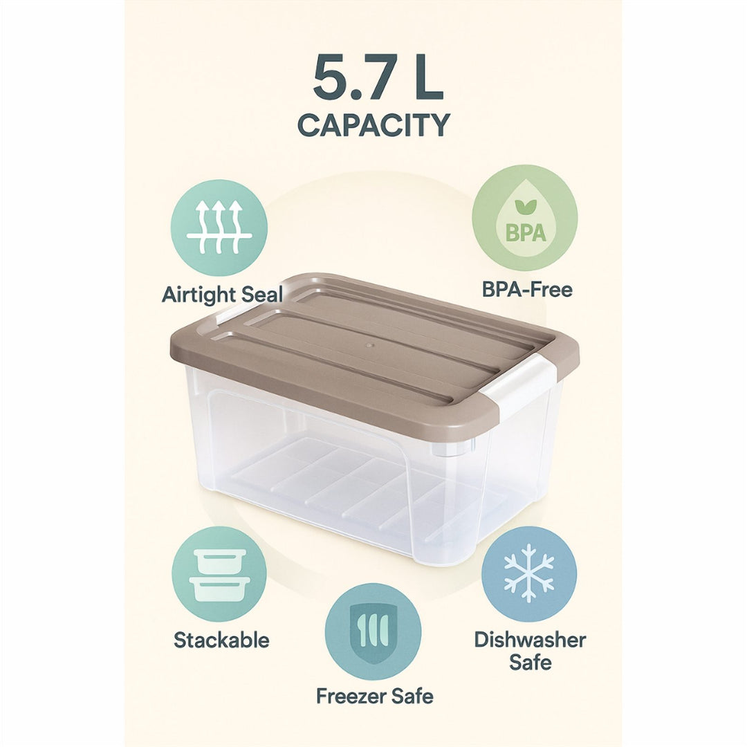 Transparent Storage Box with Beige Clip Lock Lid, 1.2 L and 5.7 L