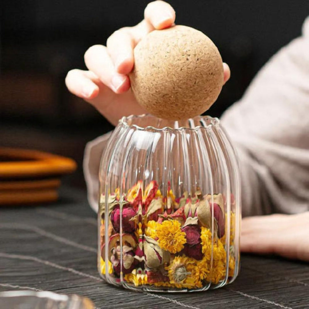 Striped Clear Glass Storage Jar with Cork Stopper for Pantry