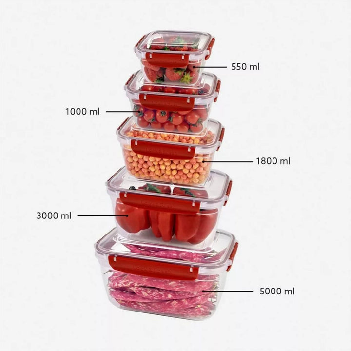Stackable Food Container Set of 5 with Clip Lids, 27 x 19 x 15 cm